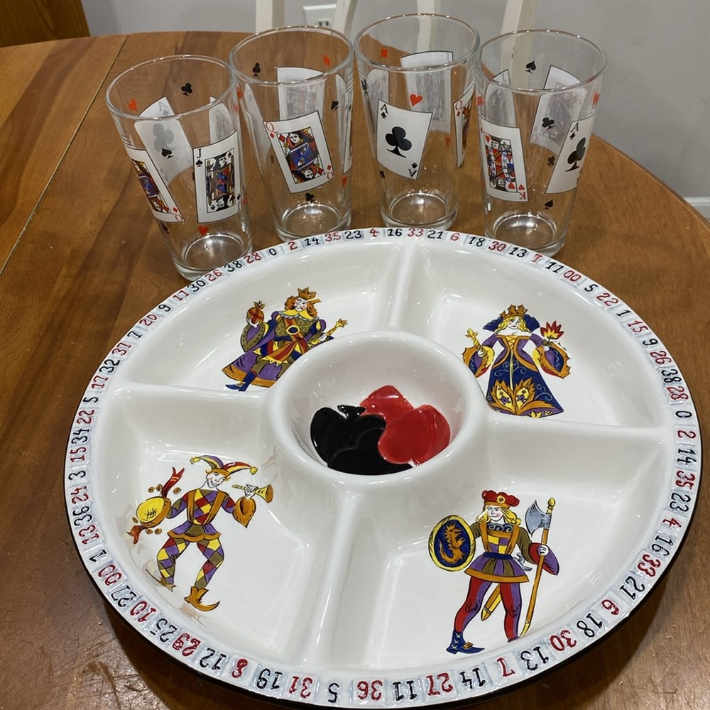 NWOT.  5 piece, casino/poker/playing cards chip/dip platter and 4 pint glasses.
